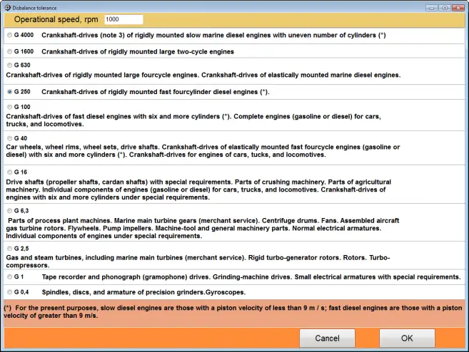 The balancing tolerance calculator in the Balanset-1A software